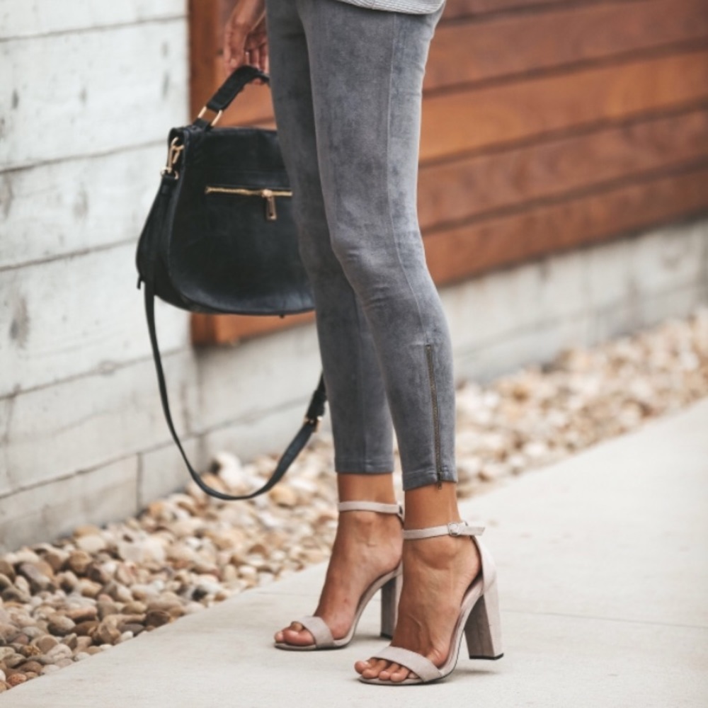 SUEDE ZIP LEGGINGS - CHARCOAL